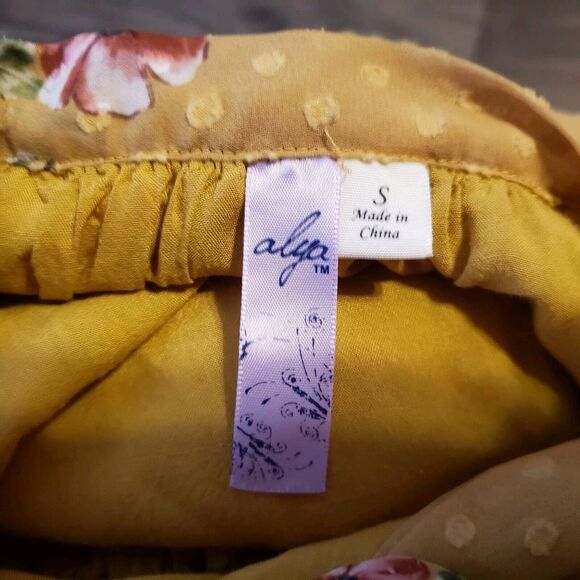 Alya Yellow Mustard/ Floral  Sleeveless Flowing Tie Front Women's Blouse Sz S - Picture 4 of 5